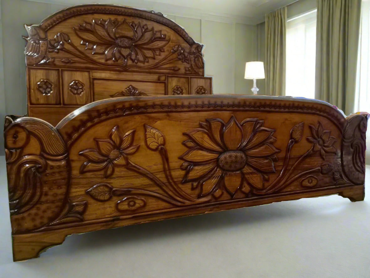 Lotus Carved Acacia Wood King Size Bed