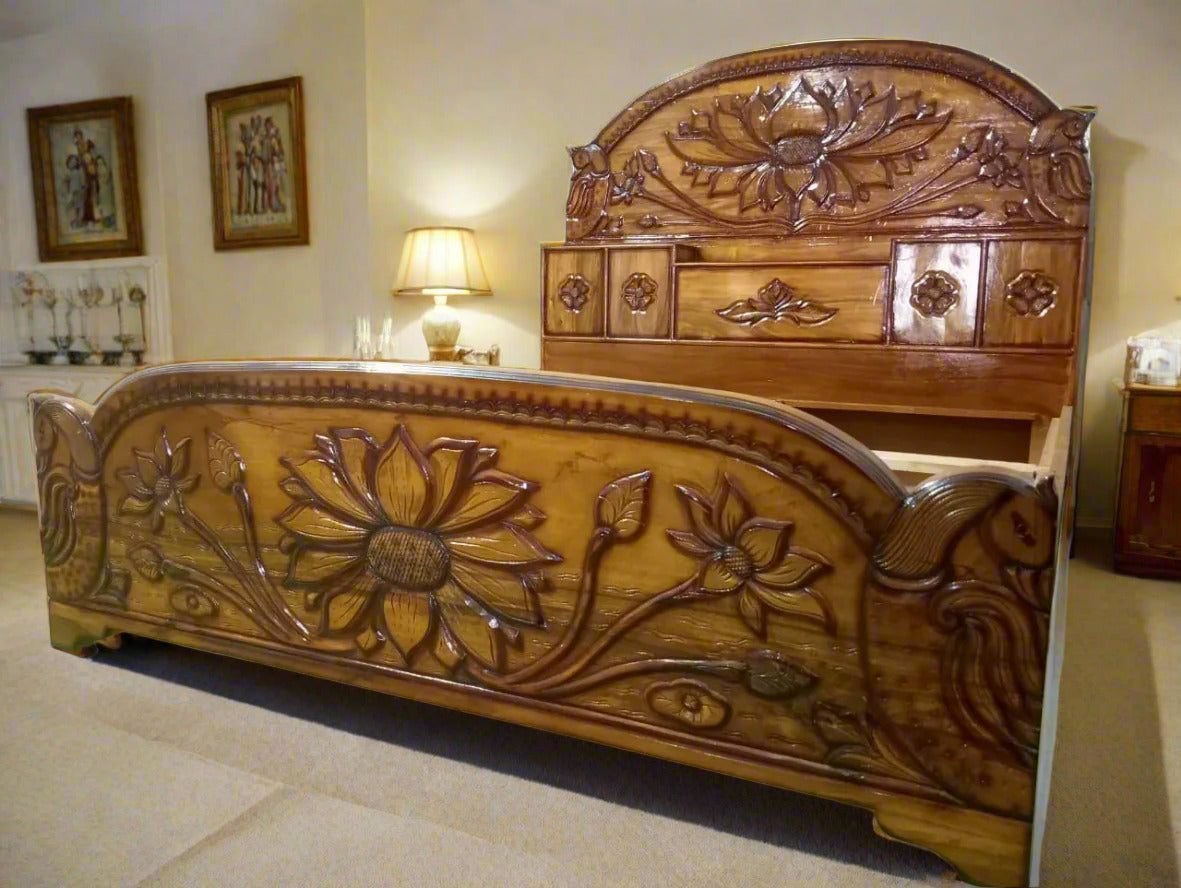 Lotus Carved Acacia Wood King Size Bed
